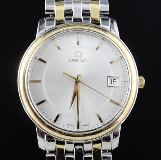 A gentlemens stainless steel and yellow metal Omega quartz wrist watch, silvered dial, sweep seconds hand (box and papers)